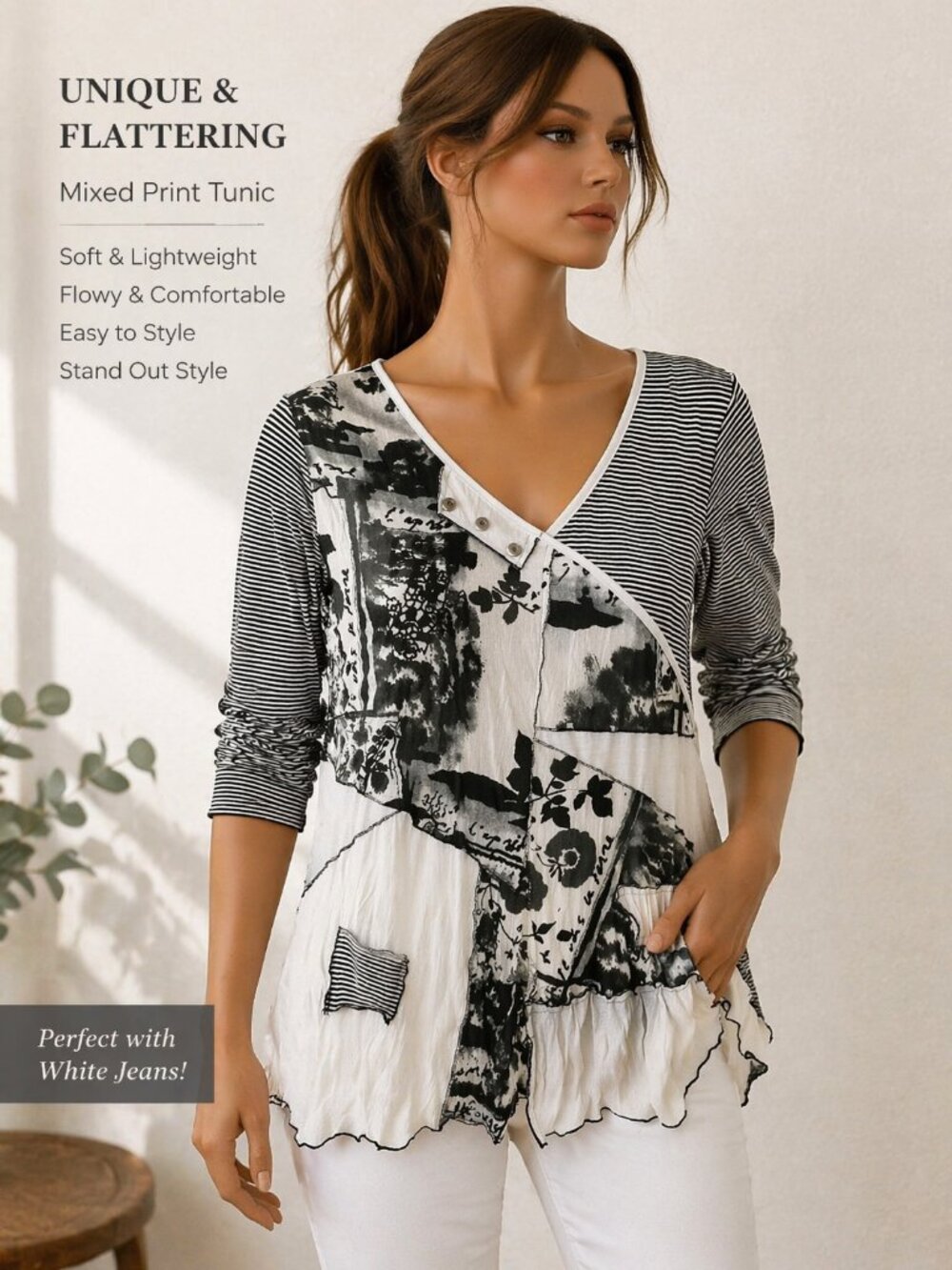 Art to Wear Patchwork Tunic  Mixed Print Boho Top  Black White 3/4 Sleeve SIZE M